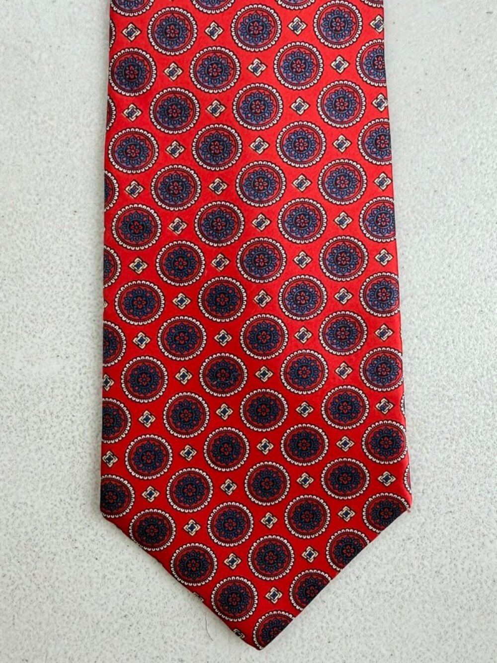 Vintage Red Medallion Print Italian Silk Tie 70s Geometric Floral Necktie